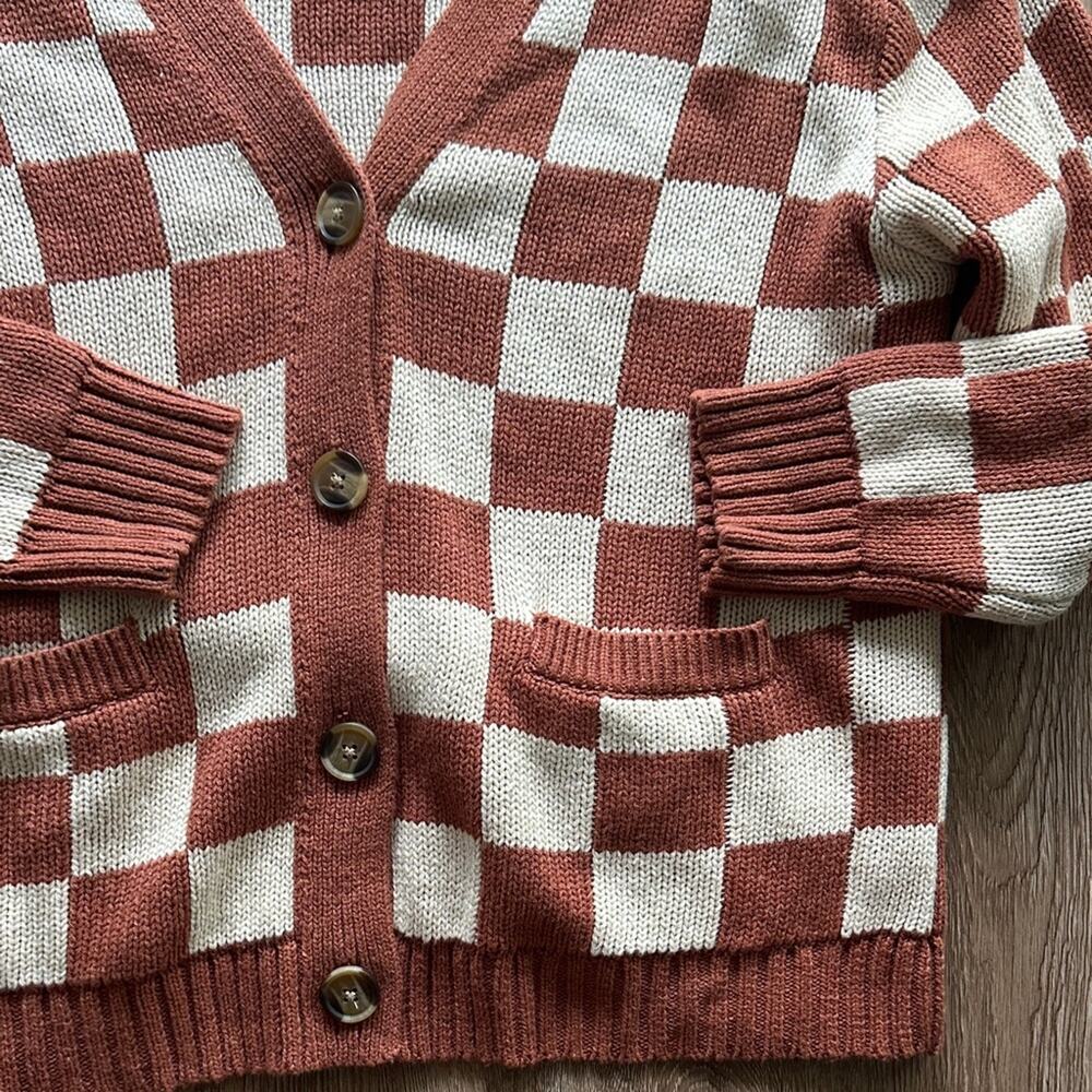 American Eagle Oversized Cardigan Tan Brown Plaid Check Size Small - Picture 3 of 4